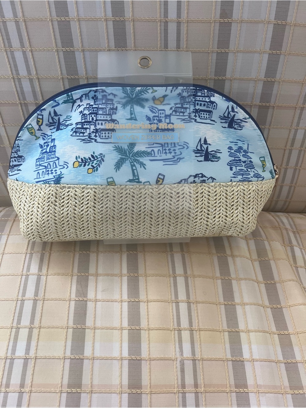 Blue Coastal Print Cosmetic Pouch with Woven Base